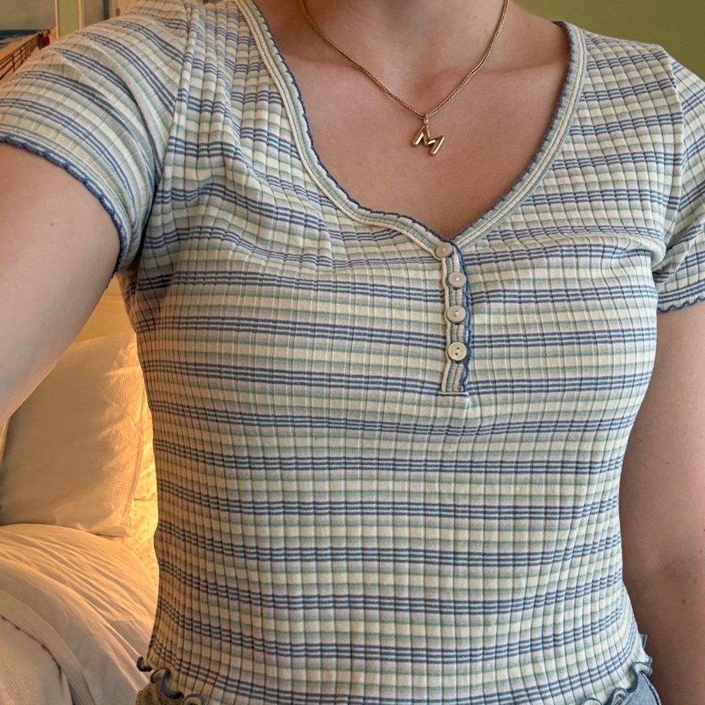 American Eagle Outfitters Blue and White Striped Tee